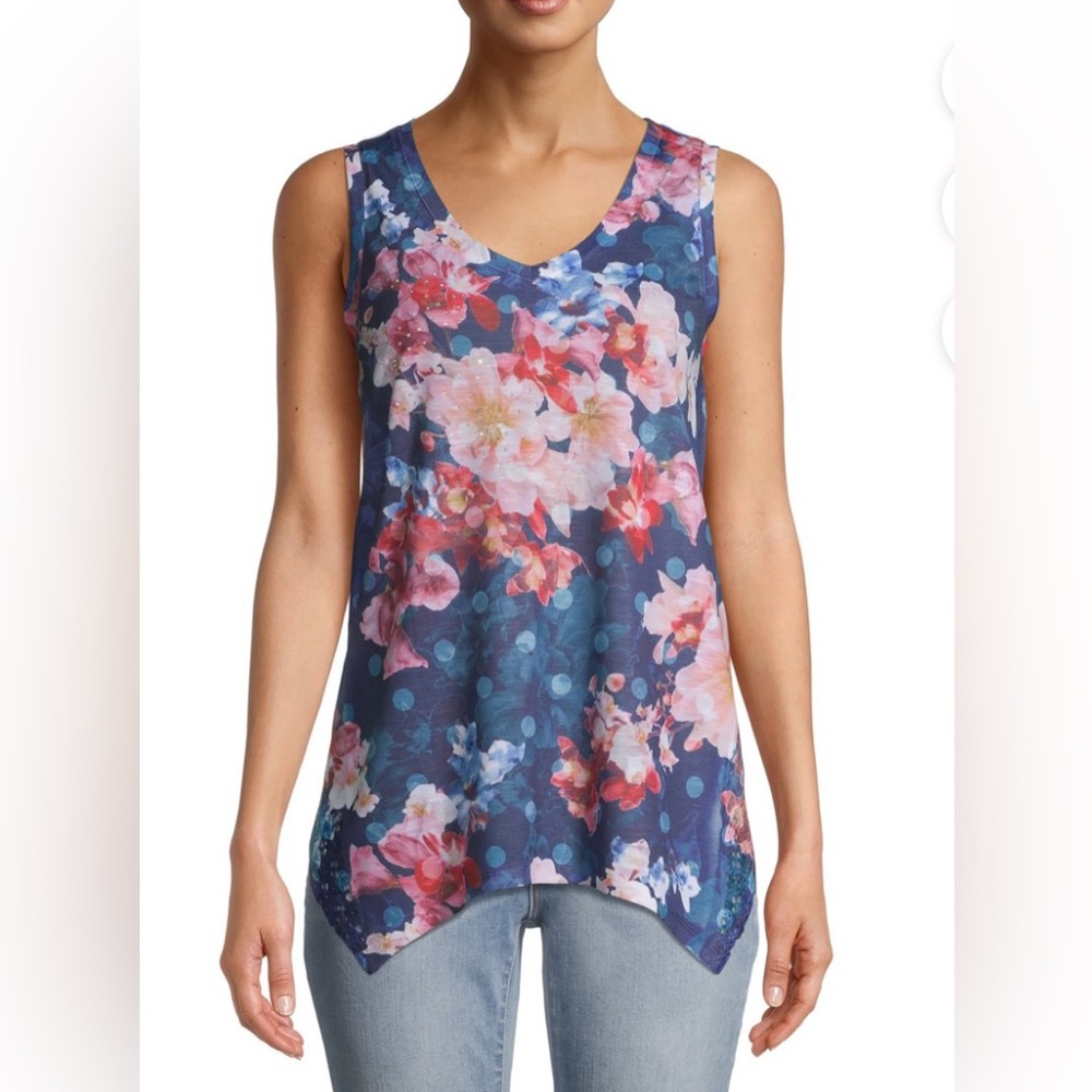 411* New! Time and Tru Sleeveless Navy Floral Top - Picture 2 of 14